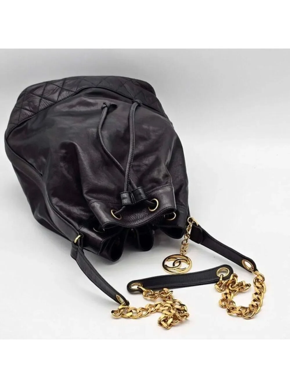 Authentic Chanel Drawstring Bucket Bag Black Leather Gold Chain CC Logo
